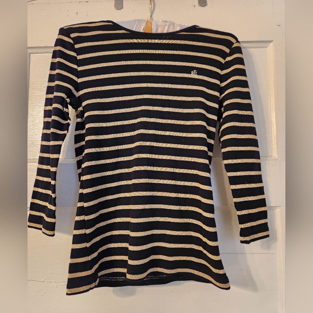 LAUREN Ralph Lauren Top Shirt Black & Gold Metallic Striped Sz Small Petite EUC
